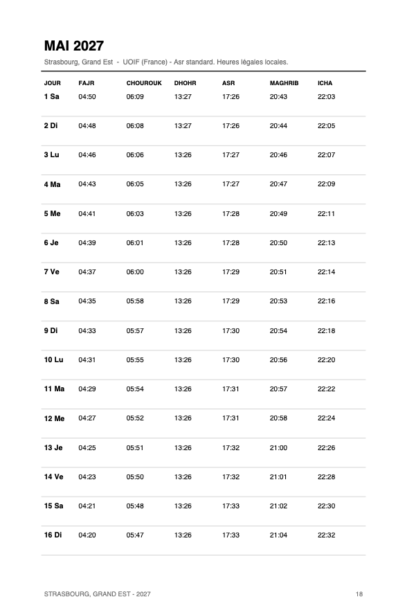 French edition prayer timetable for Strasbourg, UOIF convention